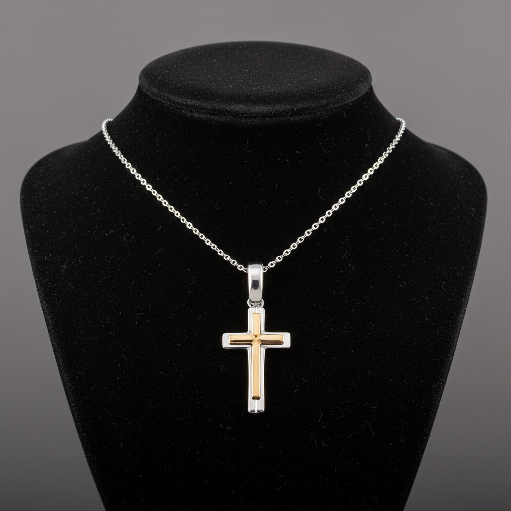 18ct Gold Cross Pendant on Solid Sterling Silver 925 Hallmark 18" Chain