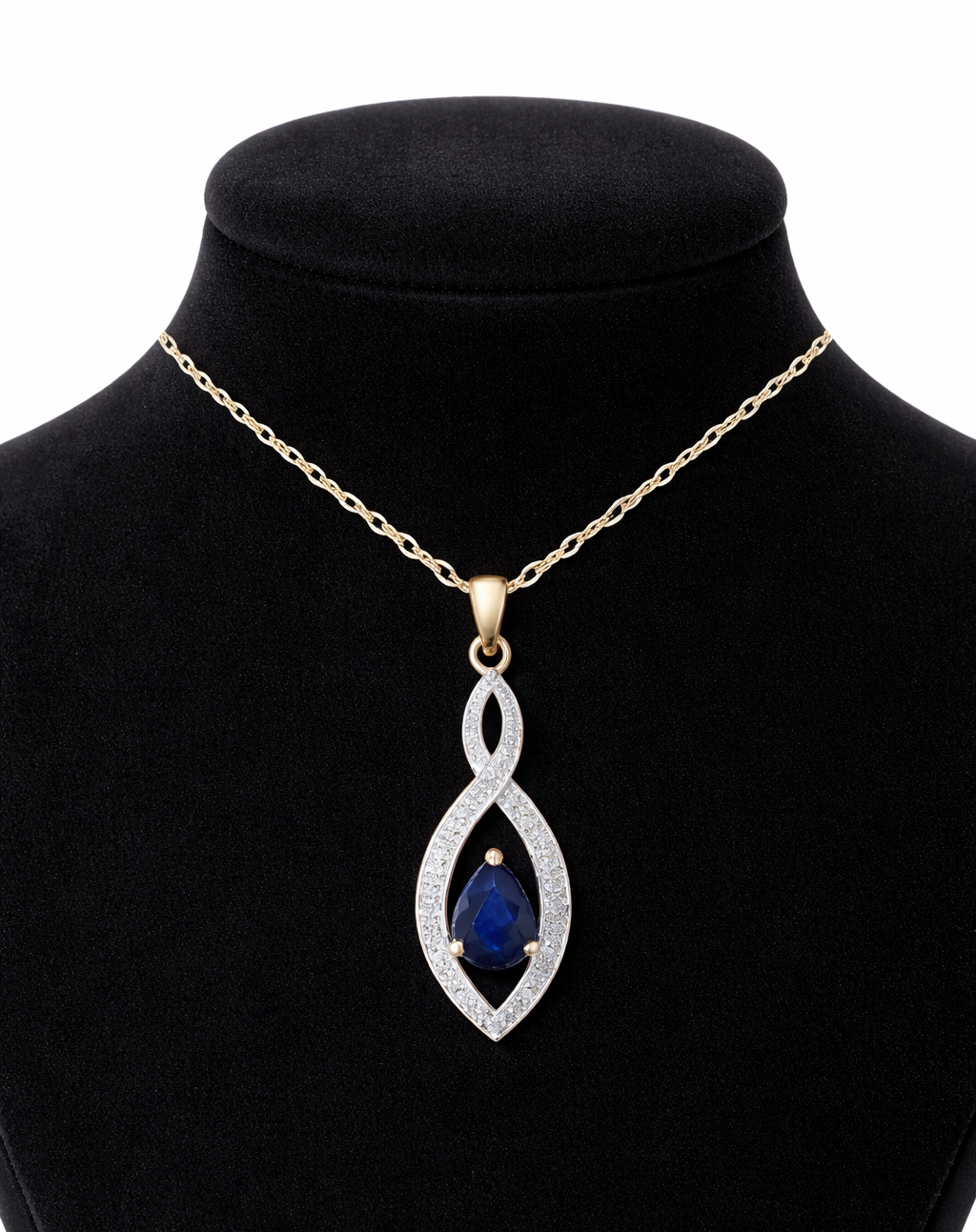 Real Sapphire Pear Pendant With Diamond Solid Yellow Gold 18" 46cm Length Chain