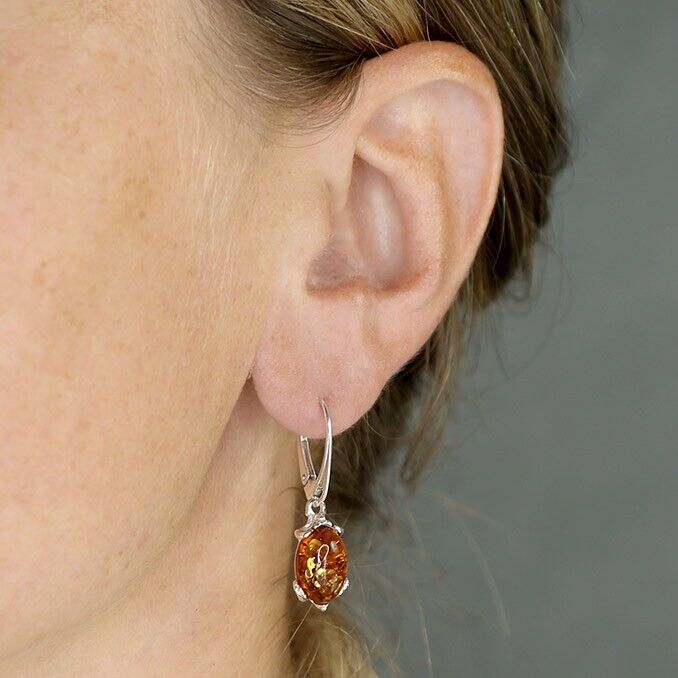 Cognac Amber Hedgehog Earrings Hinged Leverback Drops Solid Sterling Silver 925