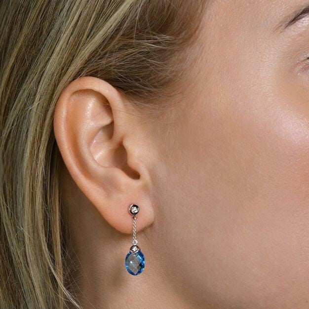 Blue Topaz and Diamond Drop Earrings Solid 9ct White Gold 28.6mm Length