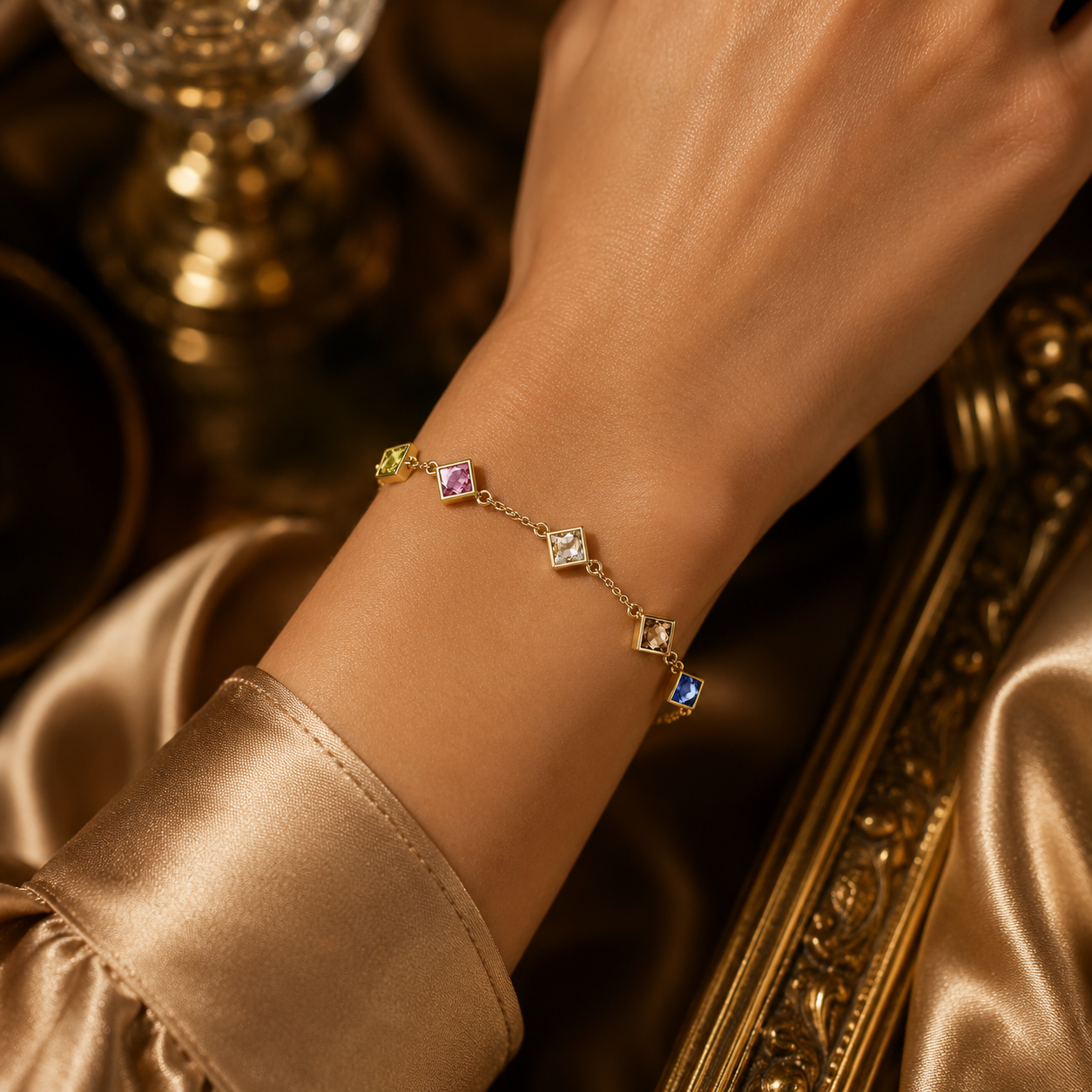 Multicolour Cushion Gemstone Station Bracelet Yellow Gold 375 Hallmark 17.5-19cm