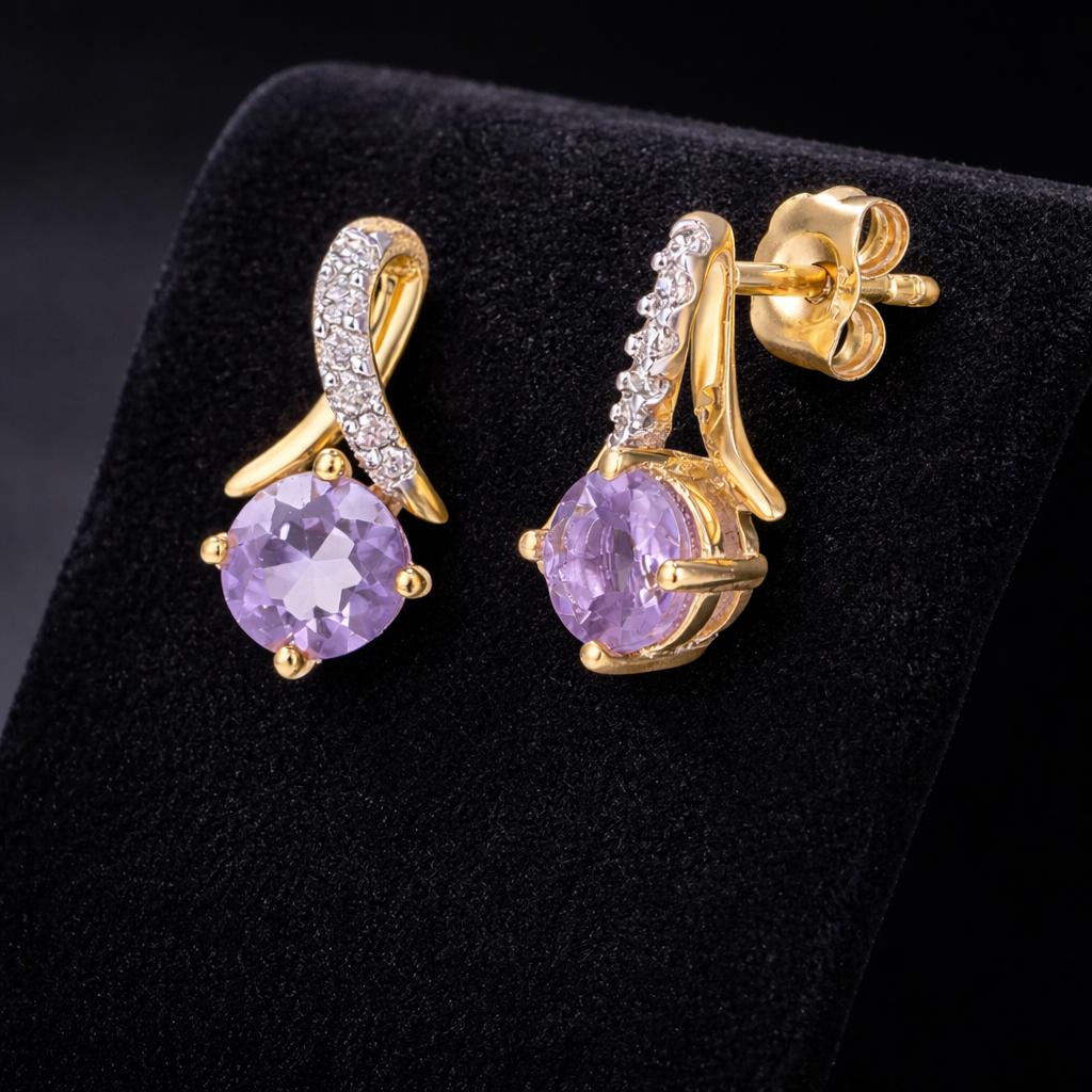 Natural Amethyst and Diamond Earrings Solid 9ct Yellow Gold Drops Hallmarked