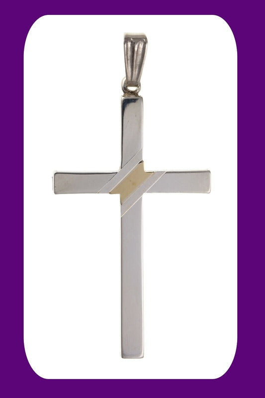 Sterling Silver Cross pendant With Yellow Gold Stripe 925 Hallmark 35 x 23mm