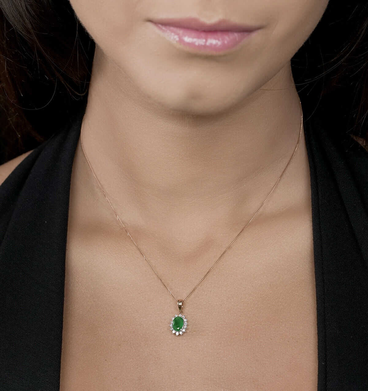 Emerald and Diamond Oval Cluster Pendant Solid 9ct Yellow Gold Real Stones