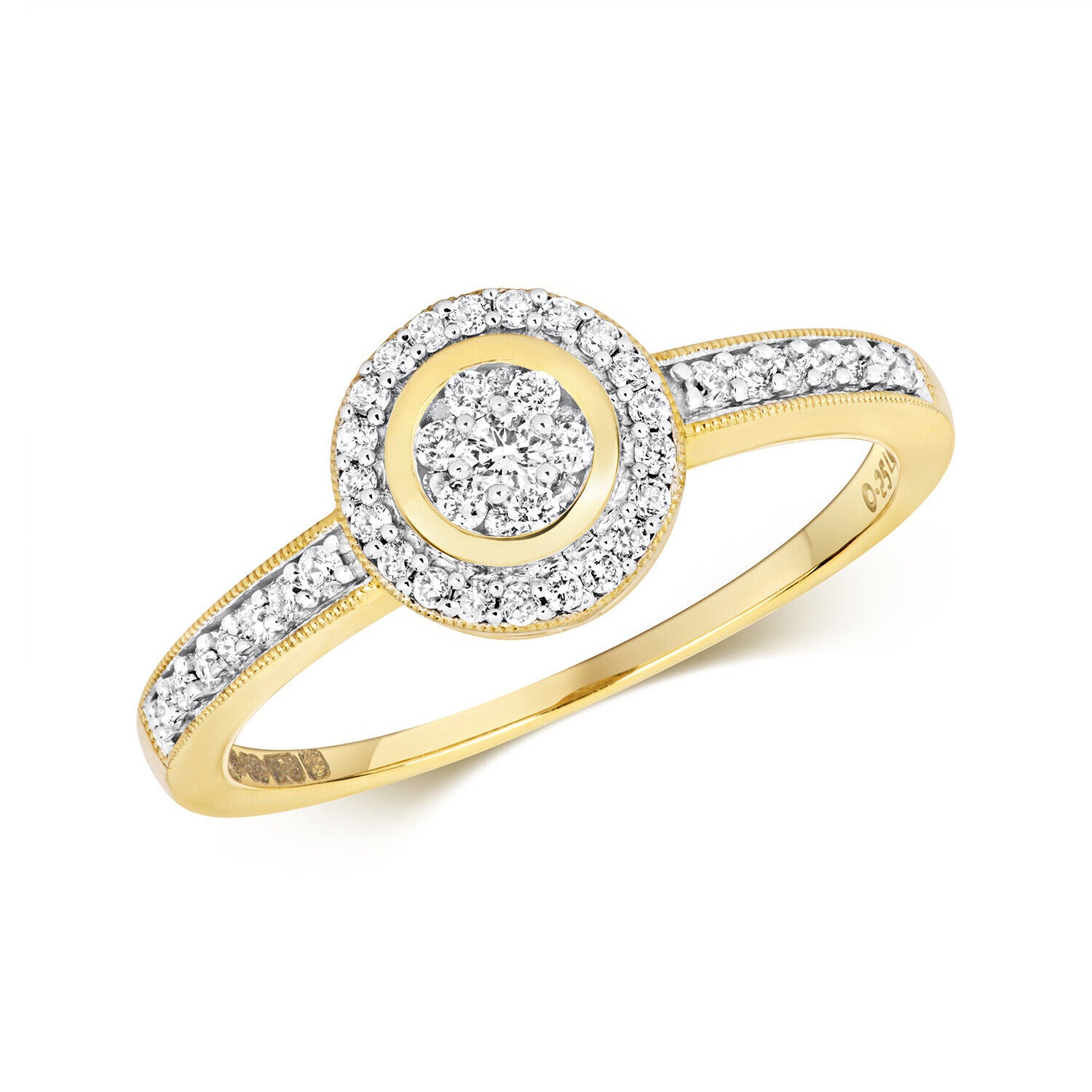 Real Diamond Ring Round 9ct Yellow Gold Halo Cluster 0.25ctw Engagement