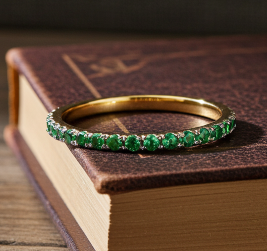 18ct Gold Emerald Eternity Ring on Solid Sterling Silver 925 Hallmarked