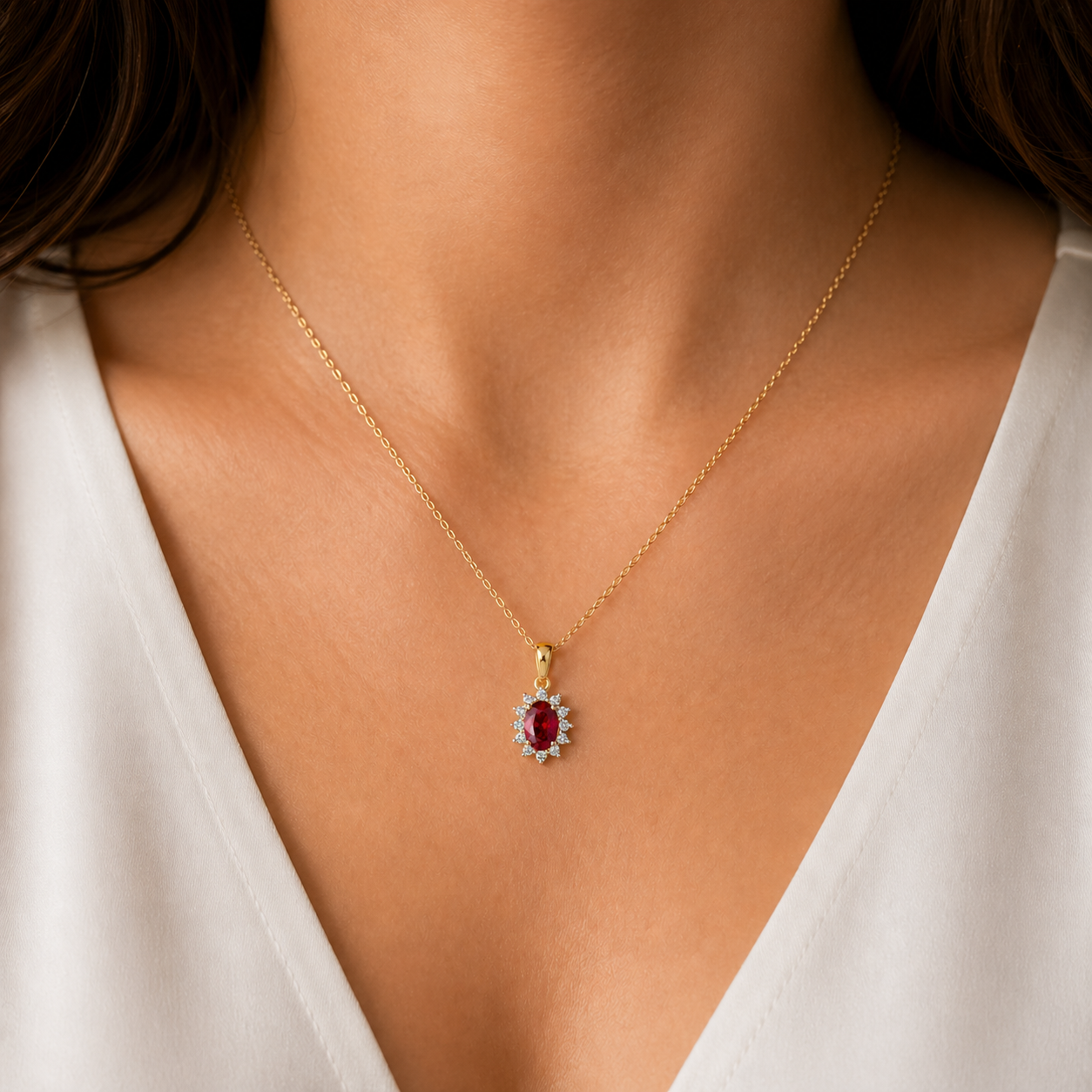 Ruby Oval Cluster Pendant With 0.25ctw Diamond 9ct Yellow Gold 18" 46cm Chain