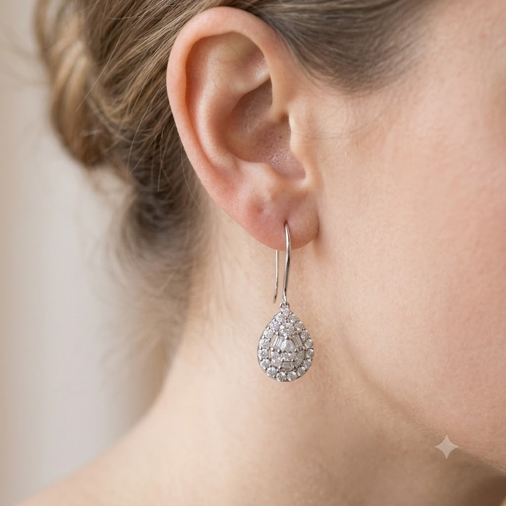 18ct White Gold Diamond Pear Drop Earrings 34mm Halo Cluster Hook Bridal