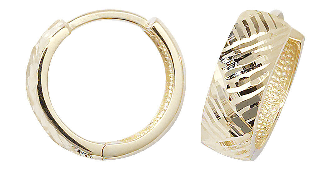 Yellow Gold Huggie Earrings Diamond Cut Hoop 14mm British made 9ct Hallmark