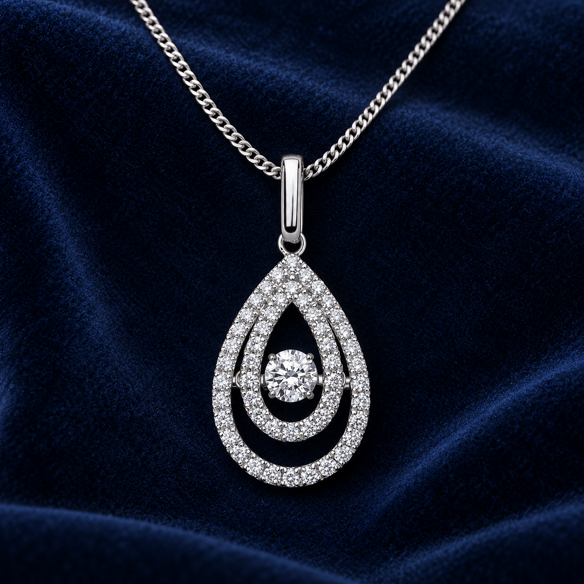 Dancing Diamond Teardrop Pendant 9ct White Gold 18" / 45cm 0.38ctw Real Diamonds