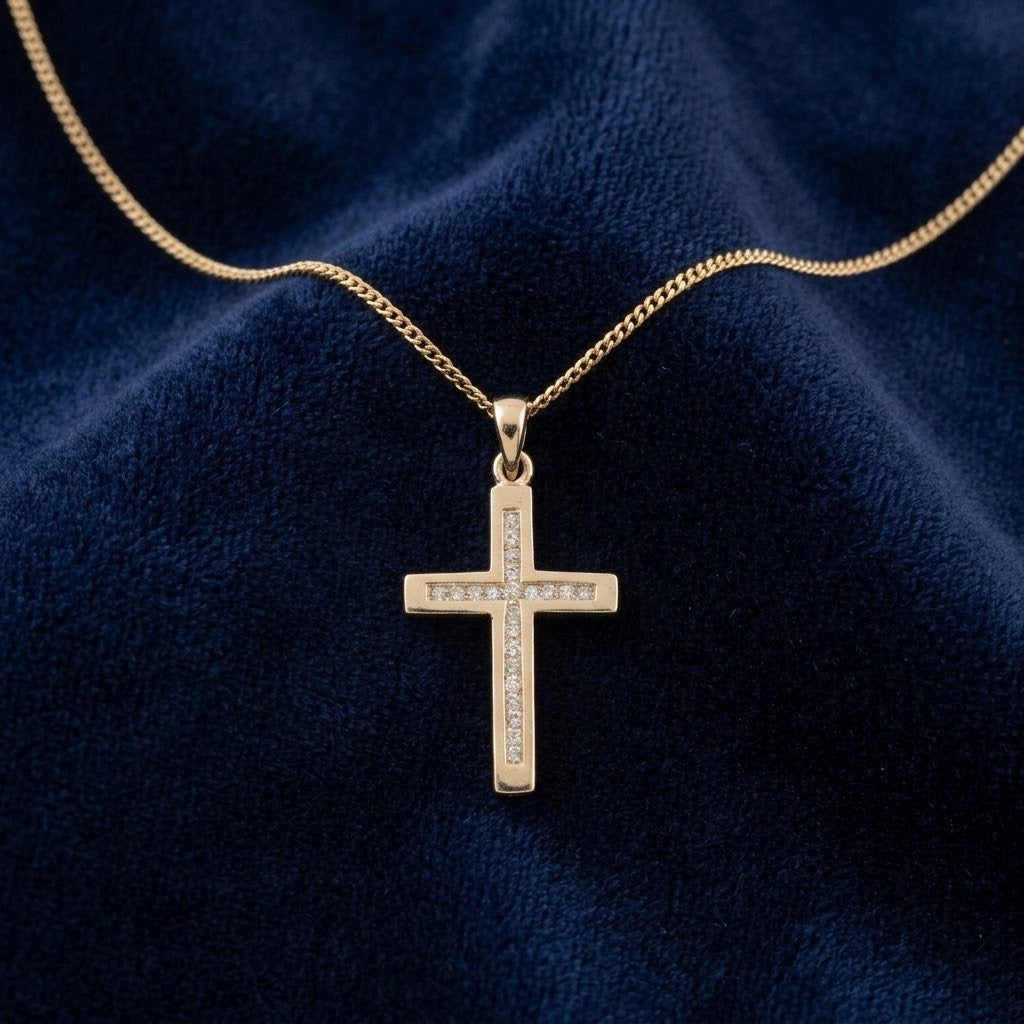 Channel Set Diamond Cross Pendant 9ct Yellow Gold 0.35ct Real Diamonds 18" Chain