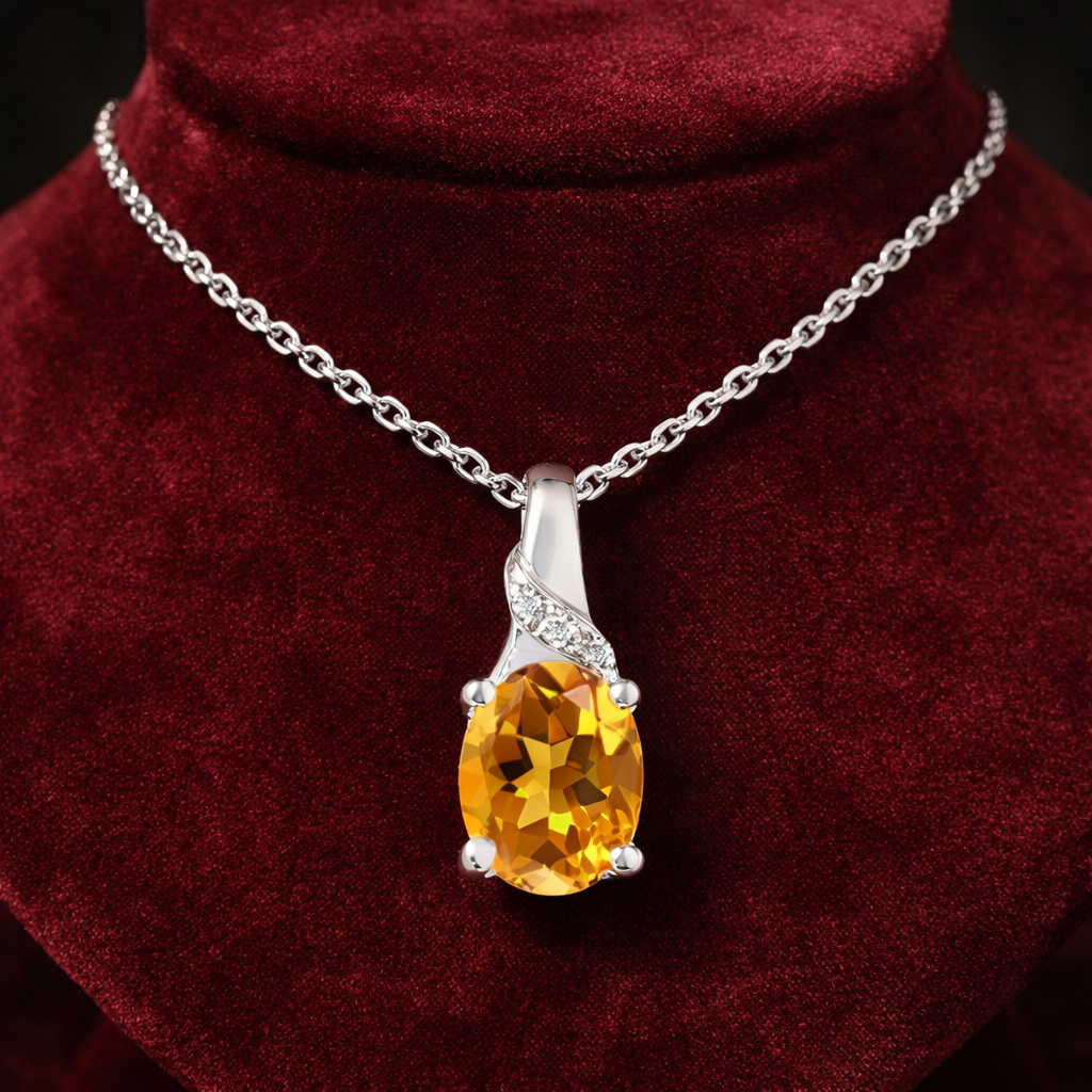 Citrine Oval Solitaire Pendant & Diamond Solid White Gold 18" 46cm Length Chain