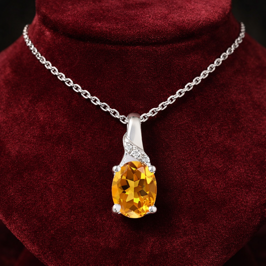 Citrine Oval Solitaire Pendant & Diamond Solid White Gold 18" 46cm Length Chain