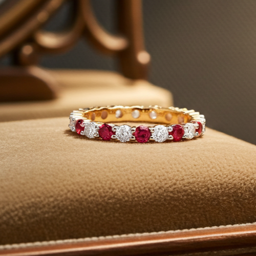 18ct Gold Ruby Full Eternity Ring on Solid Sterling Silver 925 Hallmarked