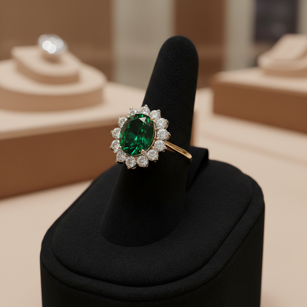 18ct Gold Large Emerald Ring Cluster on Sterling Silver 925 Hallmark Size K-S