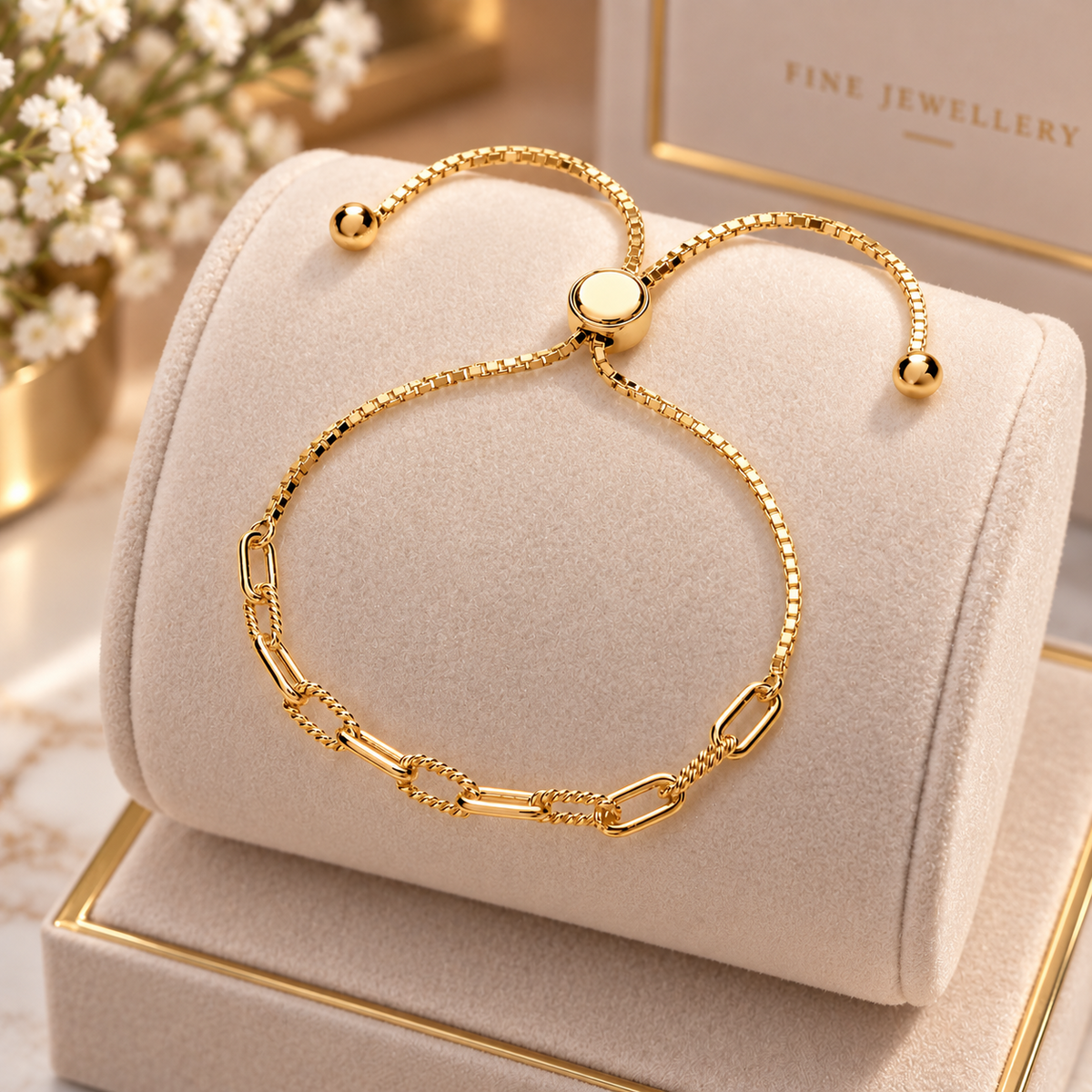 18ct Gold Adjustable Bolo Slider Bracelet Paperclip Chain on Sterling Silver 925