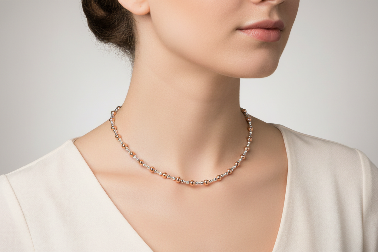 Silver Rose Gold Necklace 17" Length Ball Bead Chain Hallmarked British Made