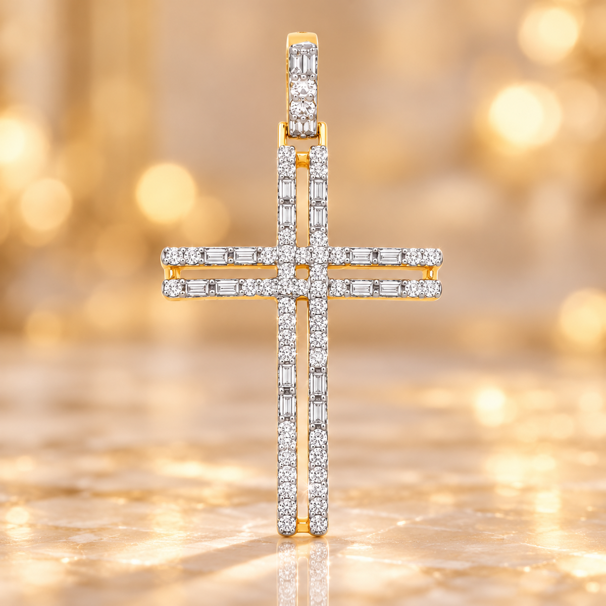 Diamond Cross Pendant Baguette & Round Cut 9ct Yellow Gold 18" Chain Hallmarked