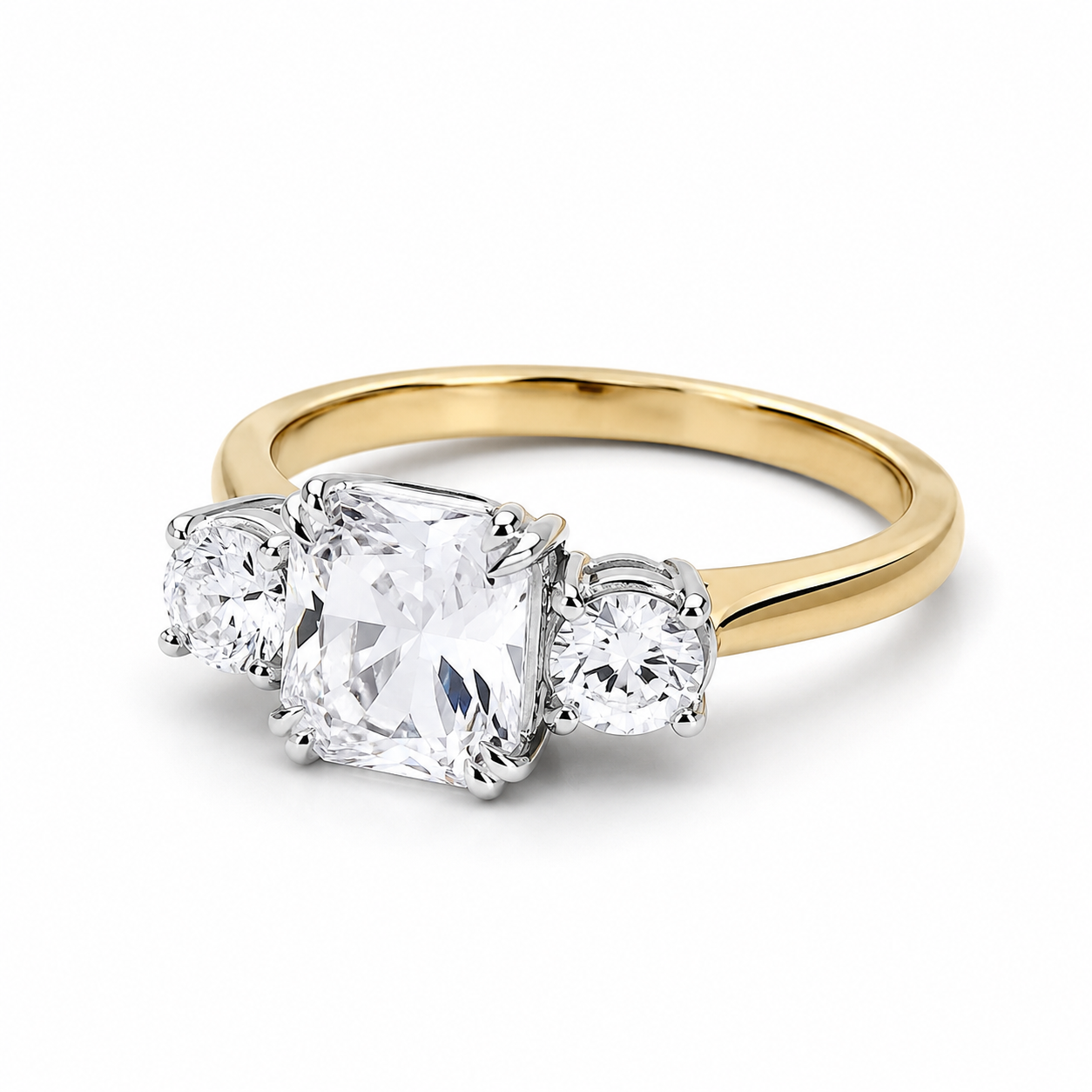 Three Stone Cushion Trilogy Ring 18ct Gold on Solid Sterling Silver 925 Size J-V