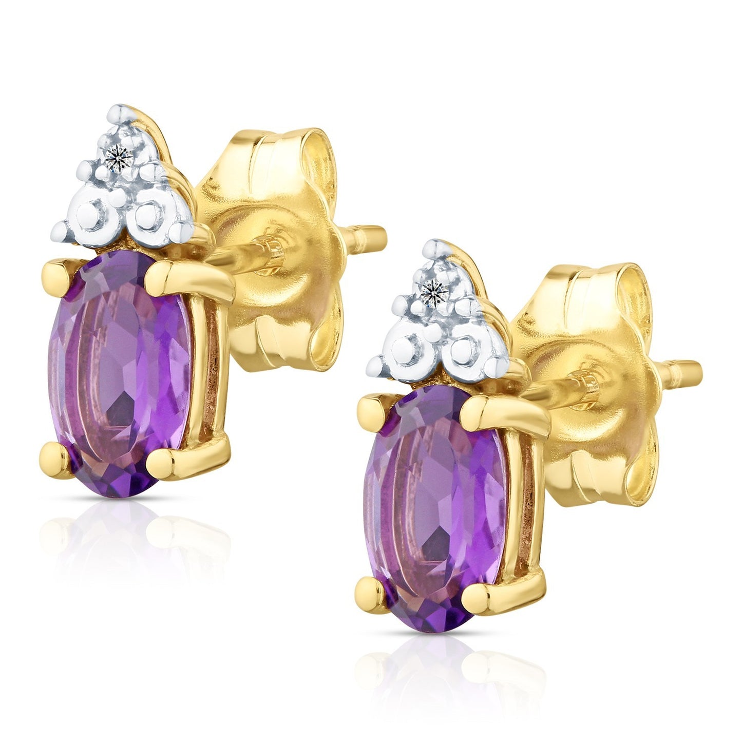 Yellow Gold Natural Amethyst & Diamond Accent Oval Stud Earrings