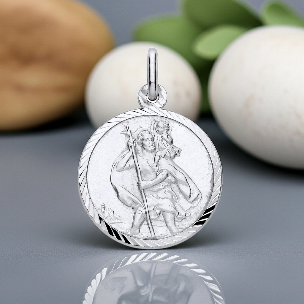 Sterling Silver St Christopher Diamond Cut Border 925 Hallmark 18mm Diameter