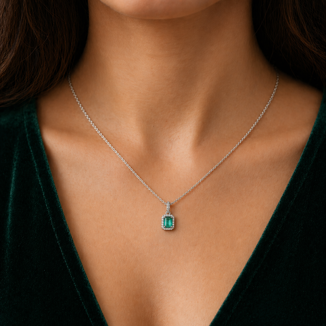 Emerald and Diamond Halo Pendant 18ct White Gold 16" 41cm Length Chain