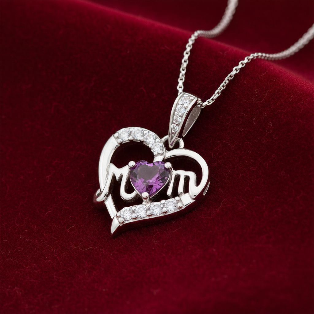 Natural Amethyst Mum Heart Pendant Solid Sterling Silver 925 Hallmark 18" Chain
