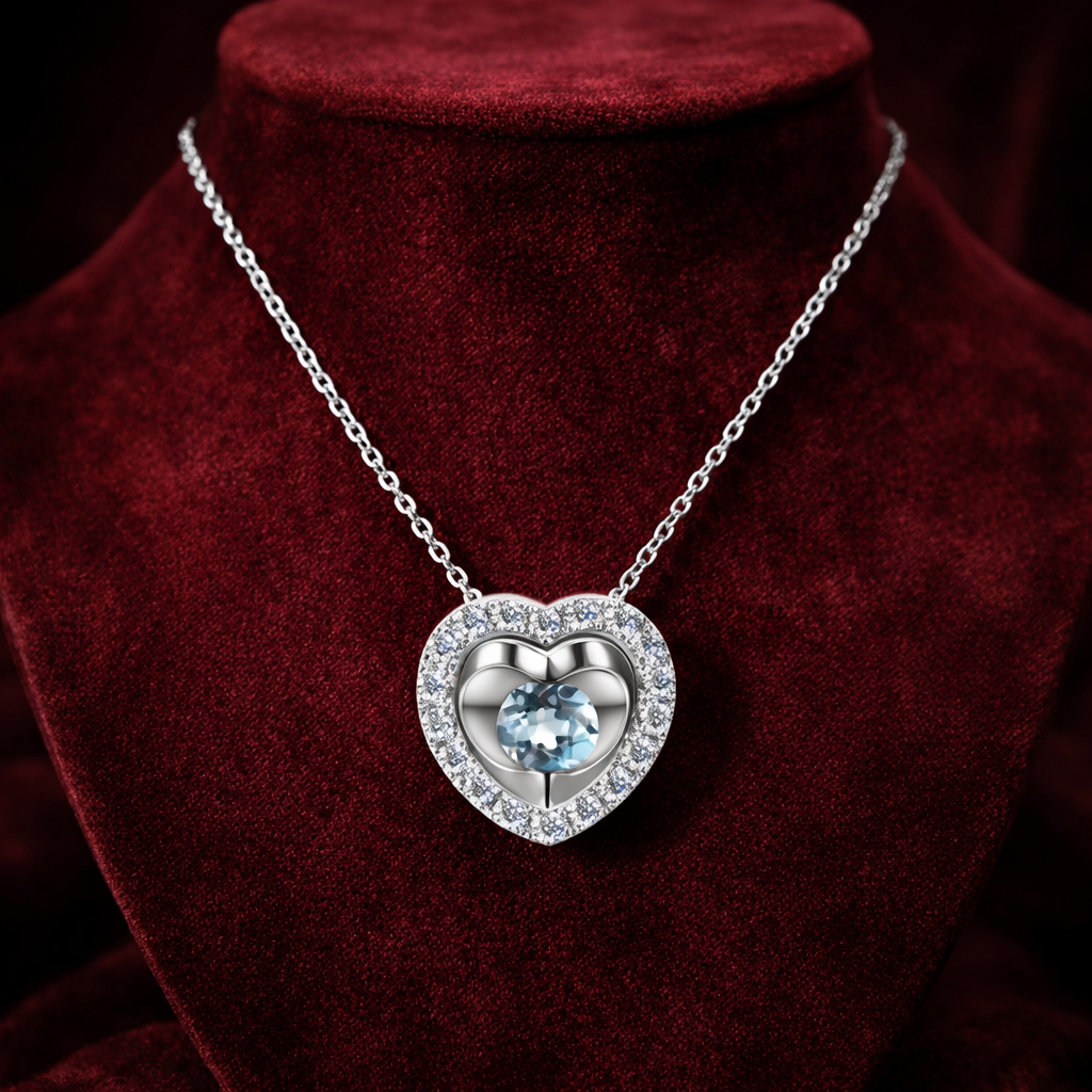 Blue Topaz Heart Necklace With Diamond Solid White Gold 18" 46cm Length Chain