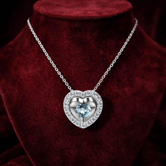 Blue Topaz Heart Necklace With Diamond Solid White Gold 18" 46cm Length Chain