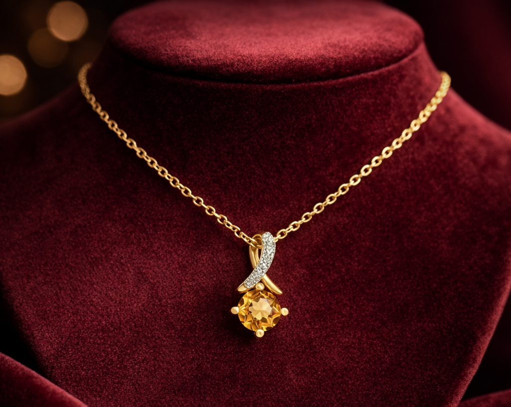 Citrine Pendant With Diamond Kiss Solid Yellow Gold 18" 46cm Length Chain