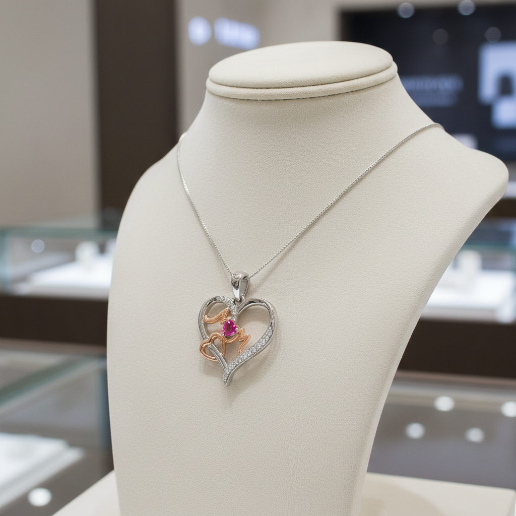 Ruby Mum Heart Pendant Solid Sterling Silver 925 Hallmark Rose Gold Detail