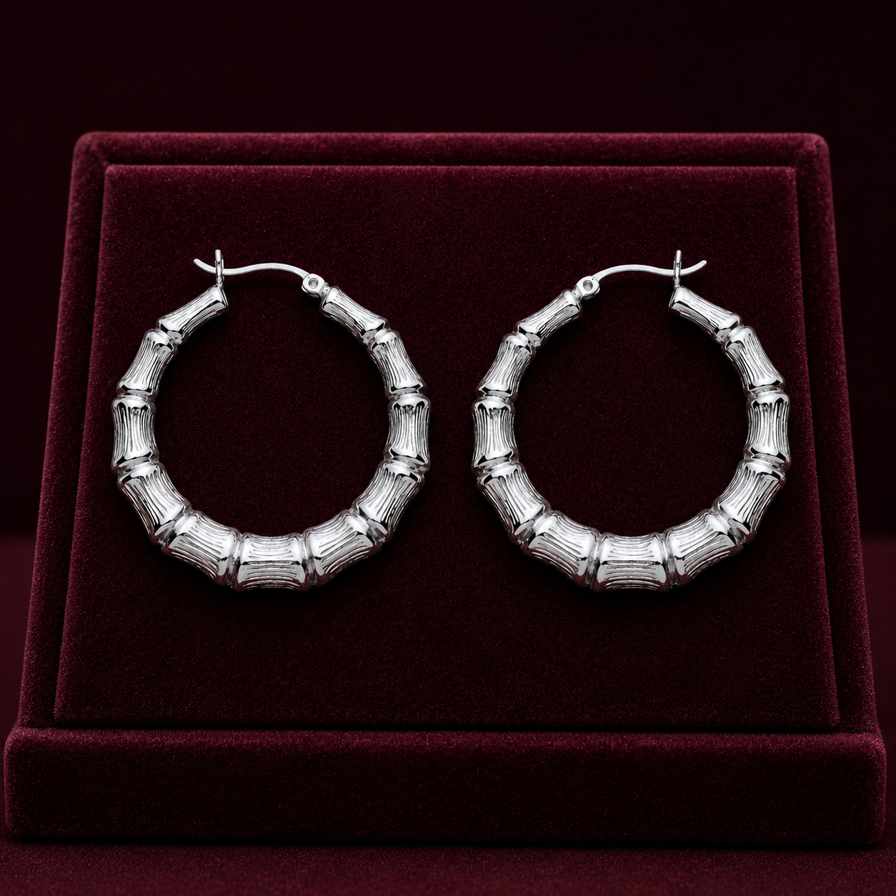 Sterling Silver Bamboo Creole Hoop Earrings 925 Hallmark 36mm
