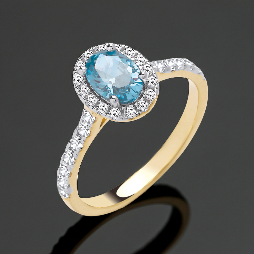 18ct Yellow Gold Aquamarine Ring Halo on Sterling Silver 925 Hallmark Size K-S