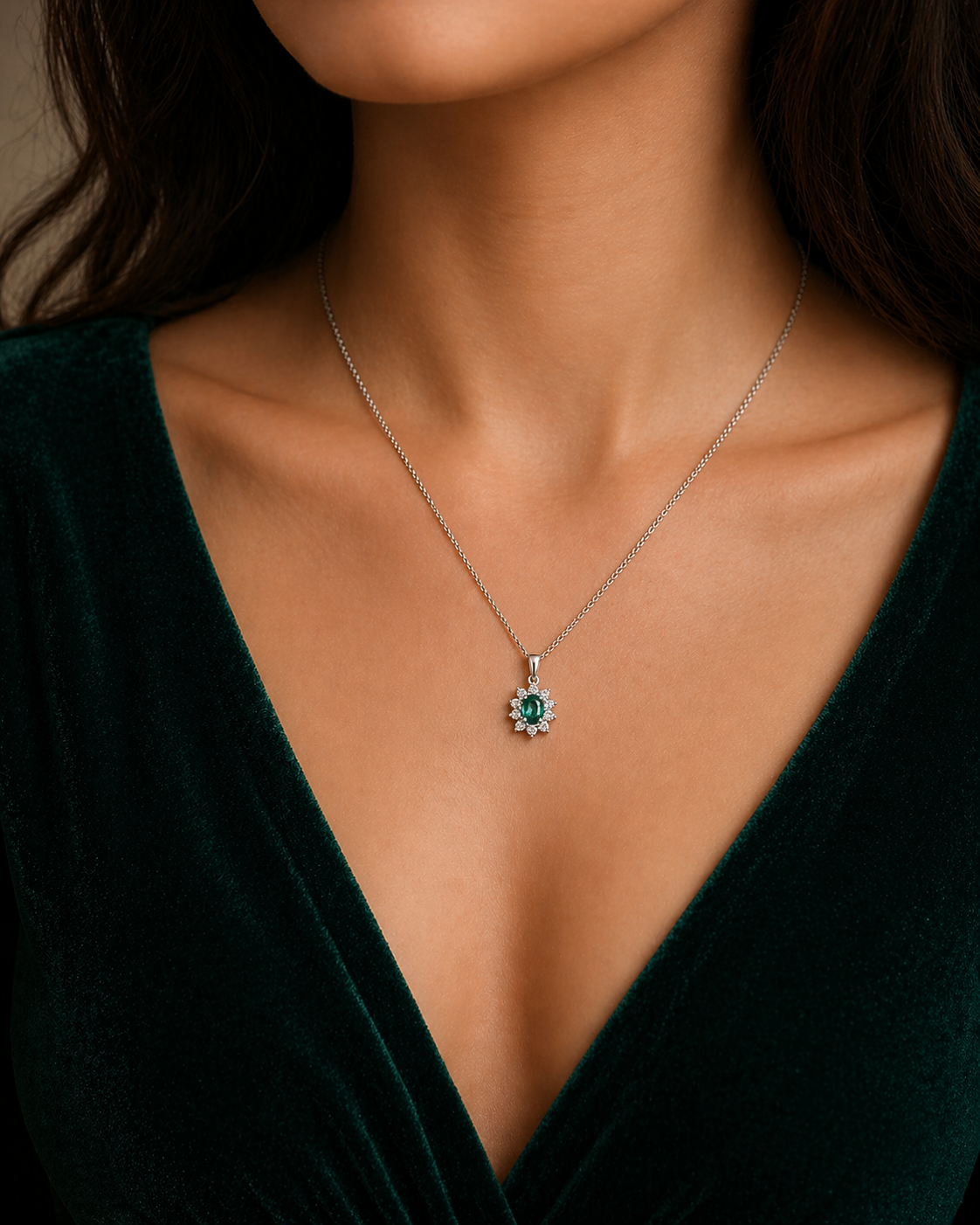 Emerald Oval Cluster Pendant With 0.33ctw Diamond 18ct White Gold 18" 46cm Chain