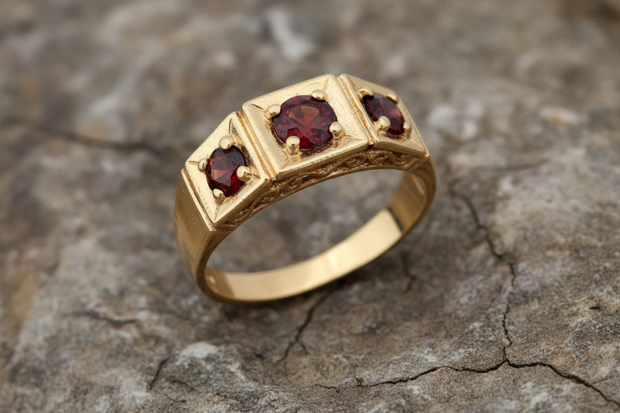 9ct Yellow Gold Gents Garnet Ring Hand Crafter Three Stone Trilogy Hallmarked