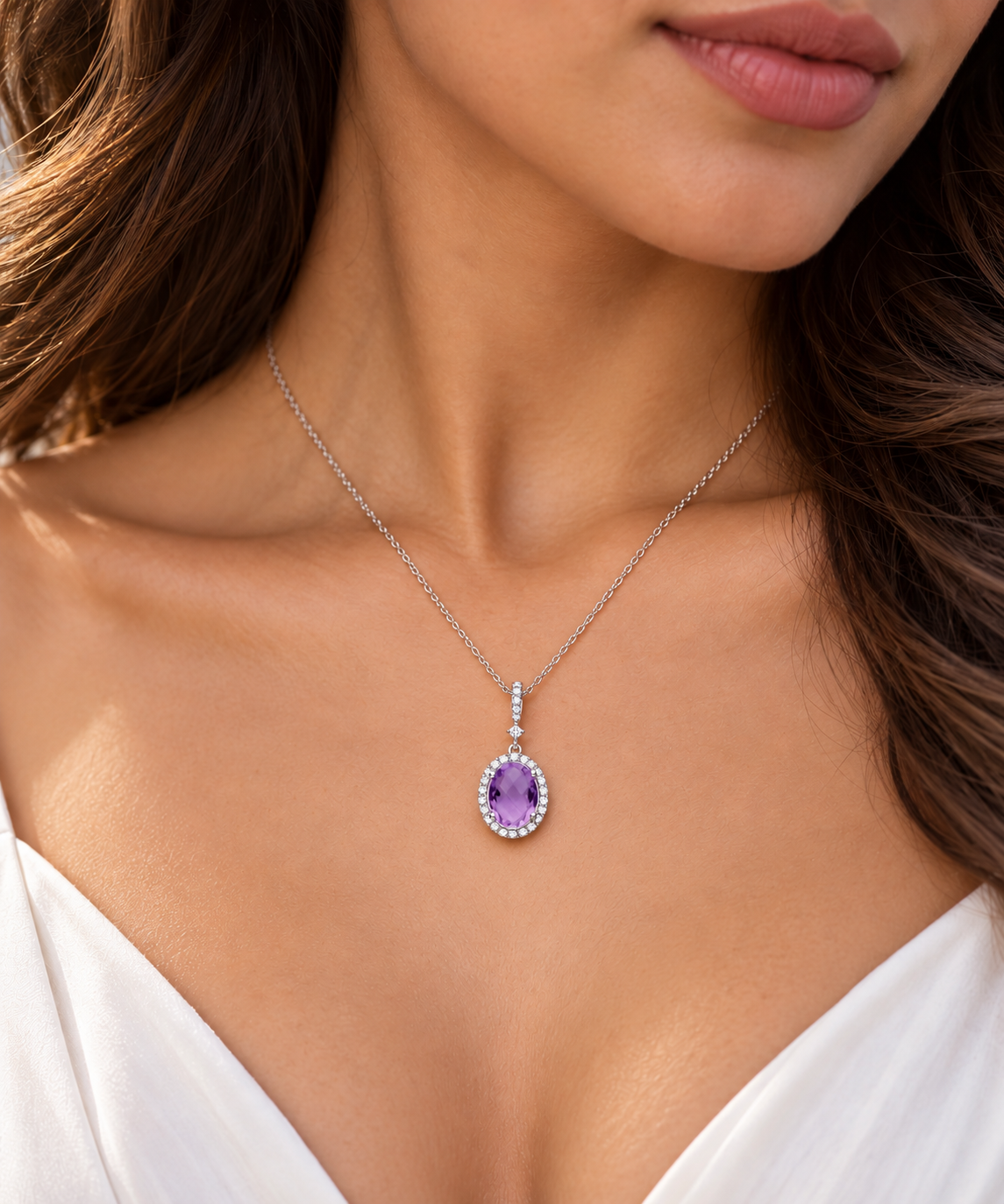 Oval Amethyst Pendant Necklace White Gold Sparkling Real Diamond Halo 18" Chain