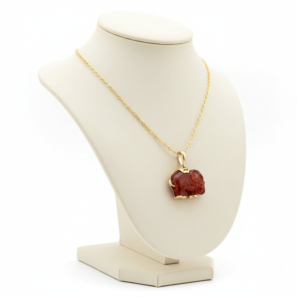 Natural Amber Elephant Pendant 18ct Gold on Solid Sterling Silver 925 18" Chain