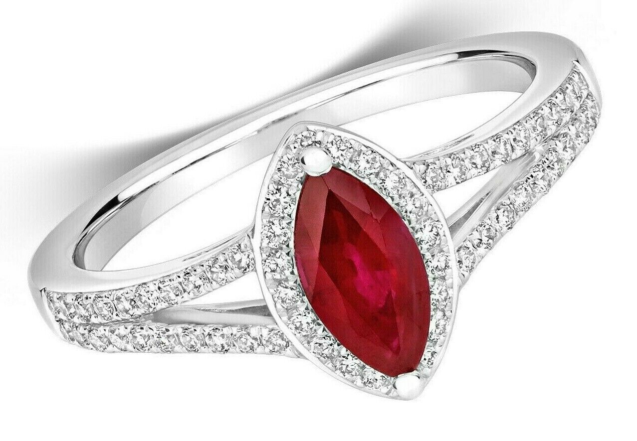 Real Ruby Marquise and Diamond Ring 18ct White Gold Cluster Engagement Halo