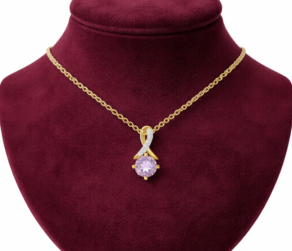 Amethyst Pendant With Diamond Kiss Solid Yellow Gold 18" 46cm Length Chain