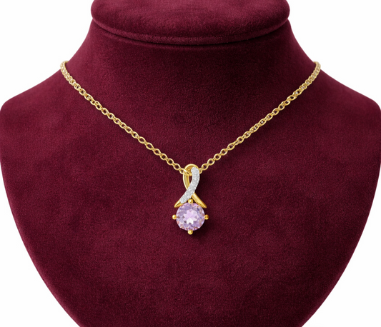 Amethyst Pendant With Diamond Kiss Solid Yellow Gold 18" 46cm Length Chain