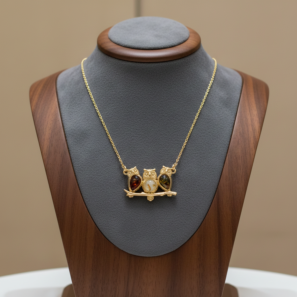 Natural Amber Owl Necklace 18ct Gold on Sterling Silver 925 Hallmark 17" Length