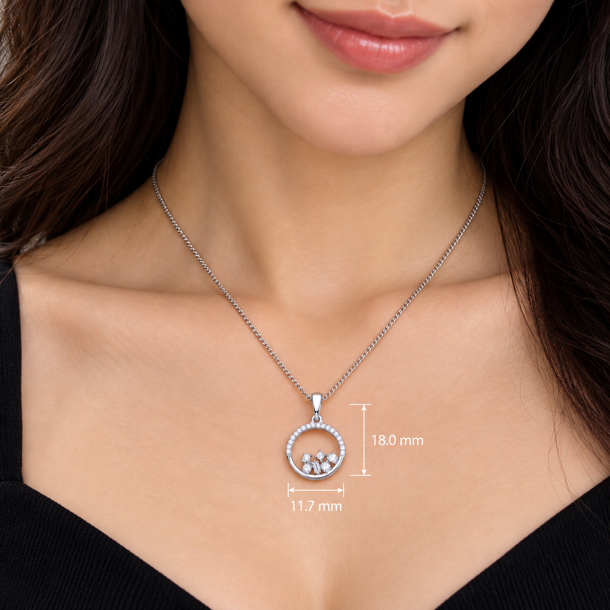 Open Circle Diamond Pendant 9ct White Gold 18" Round Princess & Baguette Diamond