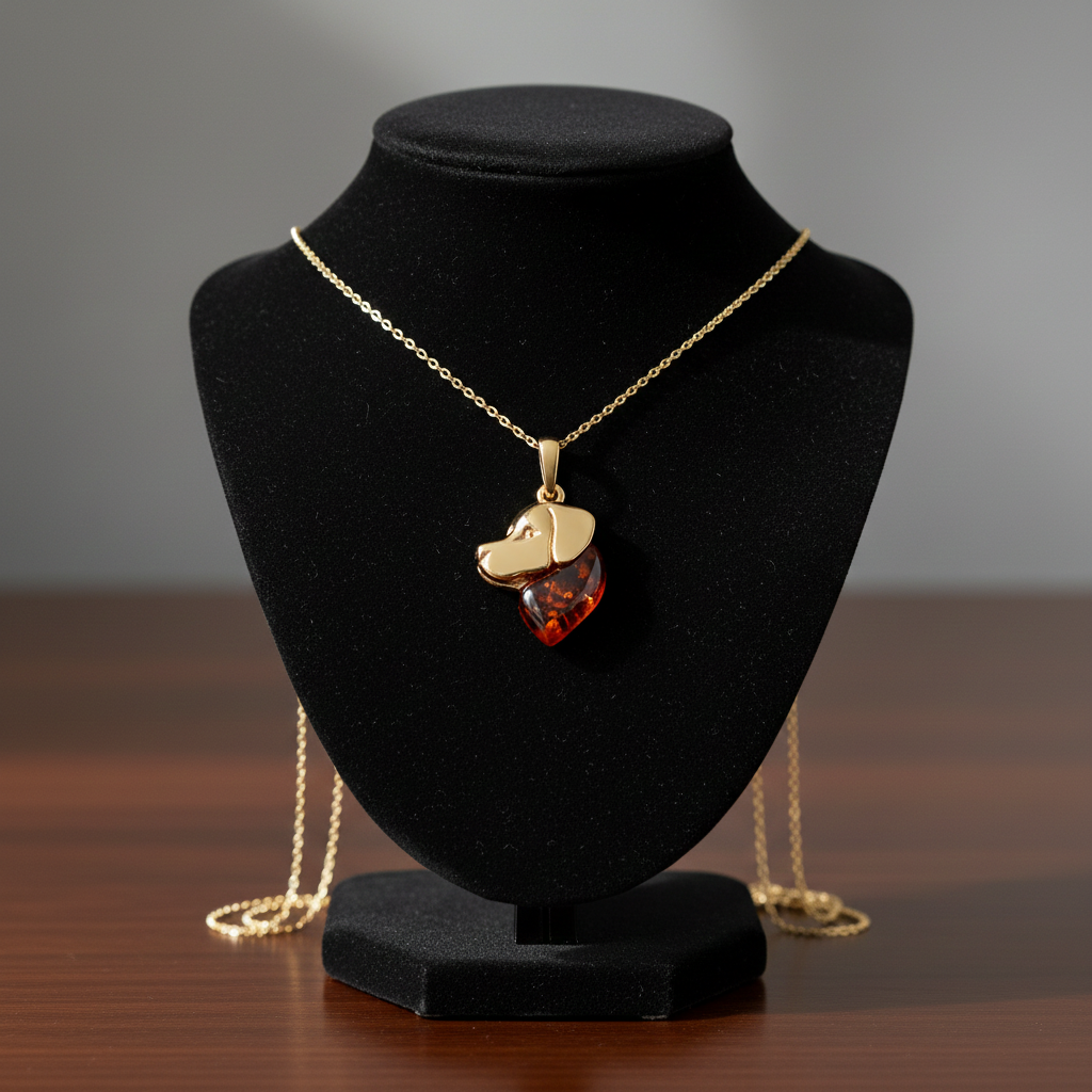 Natural Amber Dog Head Pendant With Heart 18ct Gold on Solid Sterling Silver 925