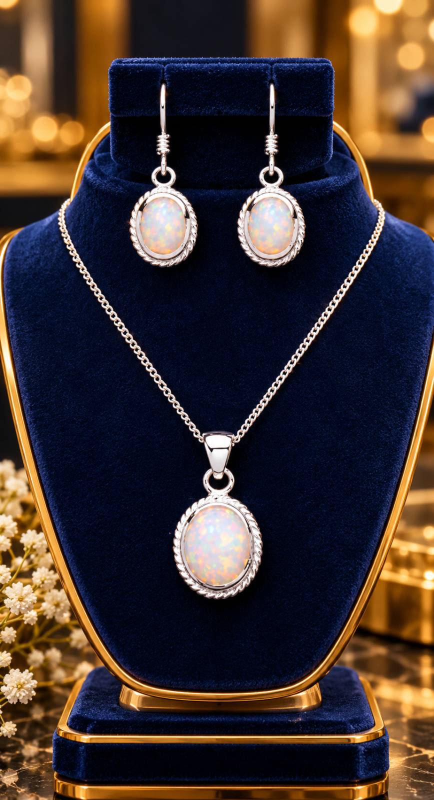 Opal Matching Pendant and Earrings Set Solid Sterling Silver 925 18" Chain