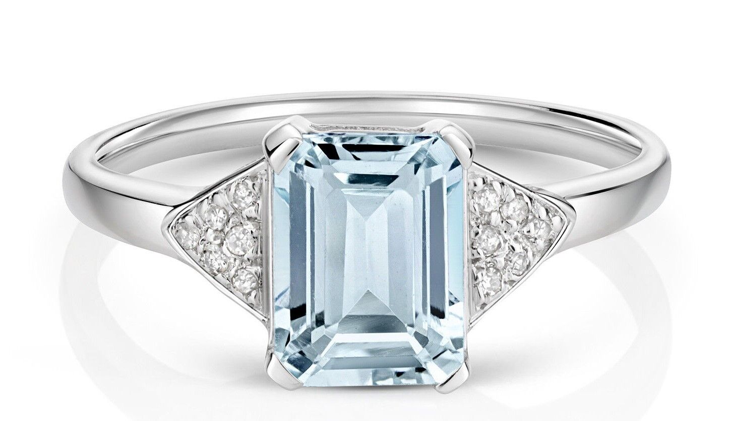 Real Aquamarine and Diamond Ring Solid White Gold Emerald Cut Solitaire Size J-Q