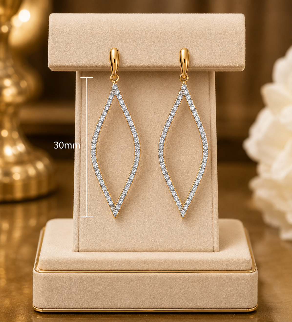 9ct Yellow Gold Diamond Drop Earrings 30mm Teardrop Open Marquise Ladies Gift