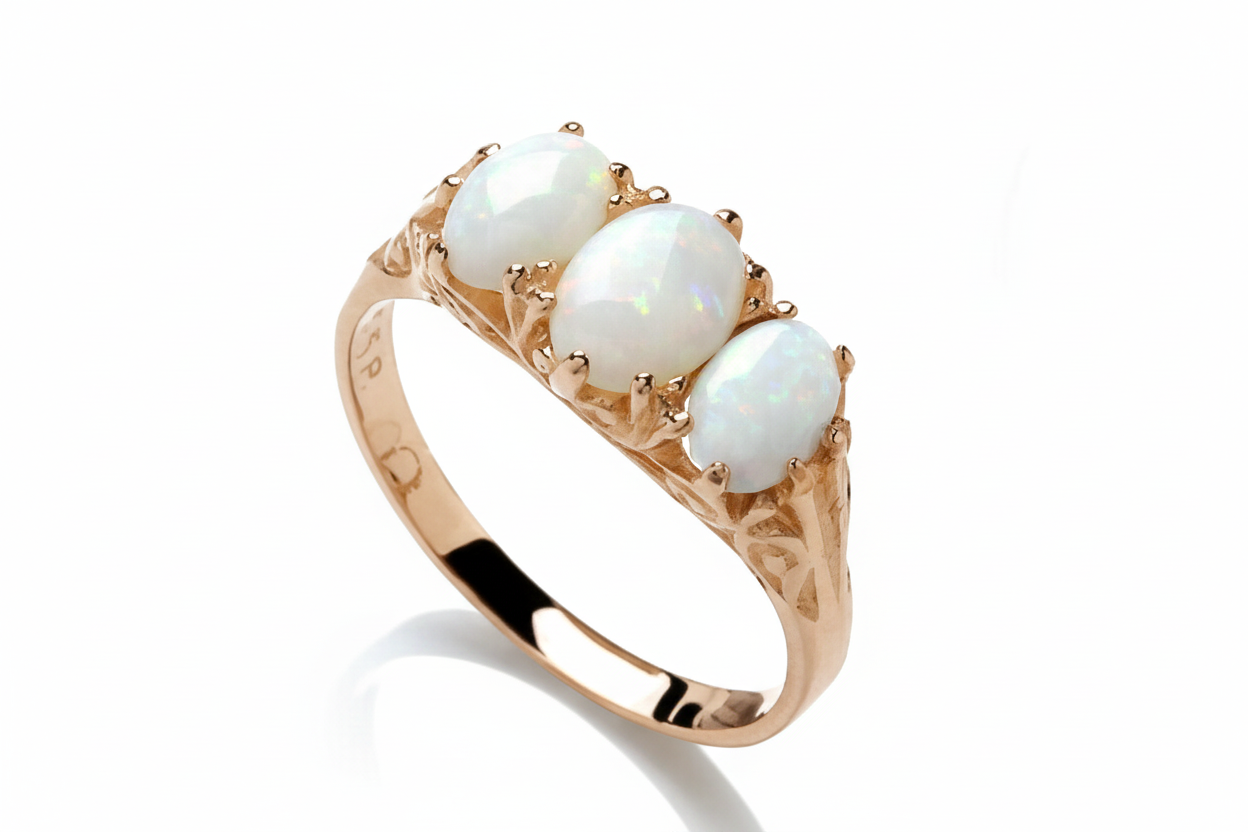 9ct Yellow Gold Opal Ring Three Stone Trilogy Fully Hallmarked