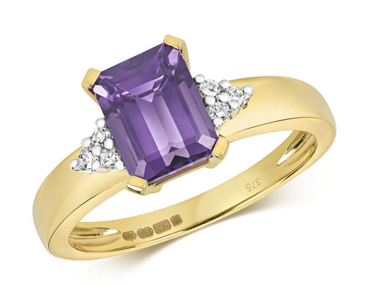 9ct Yellow Gold Amethyst and Diamond Ring 9x6mm Emerald Cut Solitaire Size J - Q