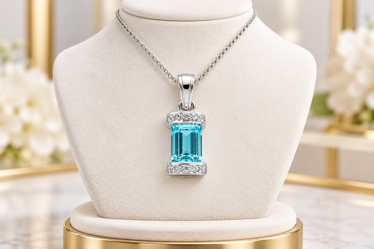 Emerald Cut Blue Topaz Pendant with Sparkling Natural Diamonds White Gold 18"