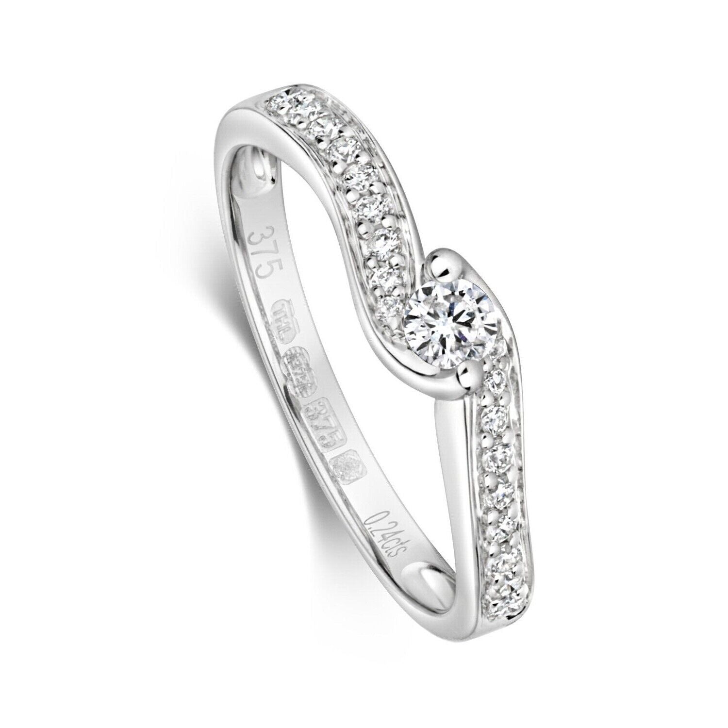 Real Diamond Twist Solitaire Ring 9ct White Gold Engagement Size J - Q